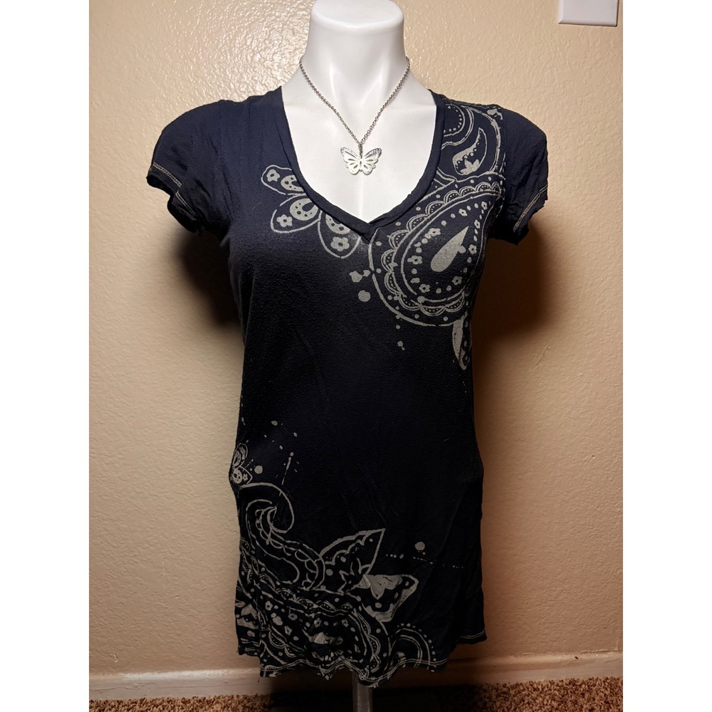 Y2K LXX Black Paisley Graphic V-Neck Short Sleeve T-Shirt Top Small #7